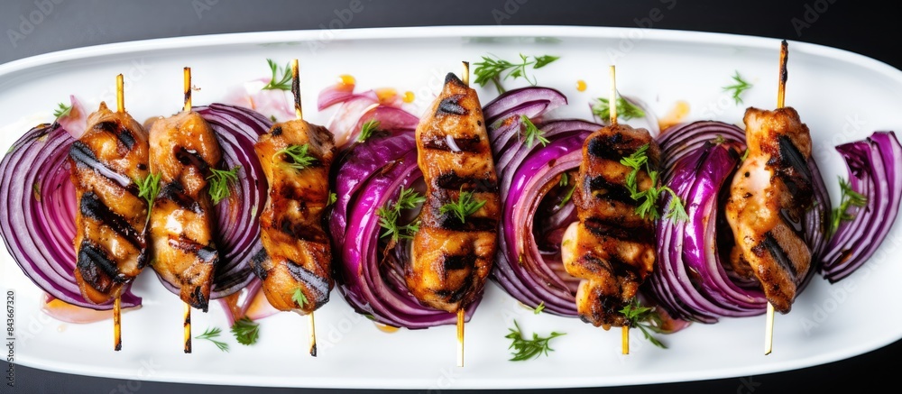 Aufkleber grilled chicken kebab with red onions on a light table grilled meat skewers shish kebab on light bac