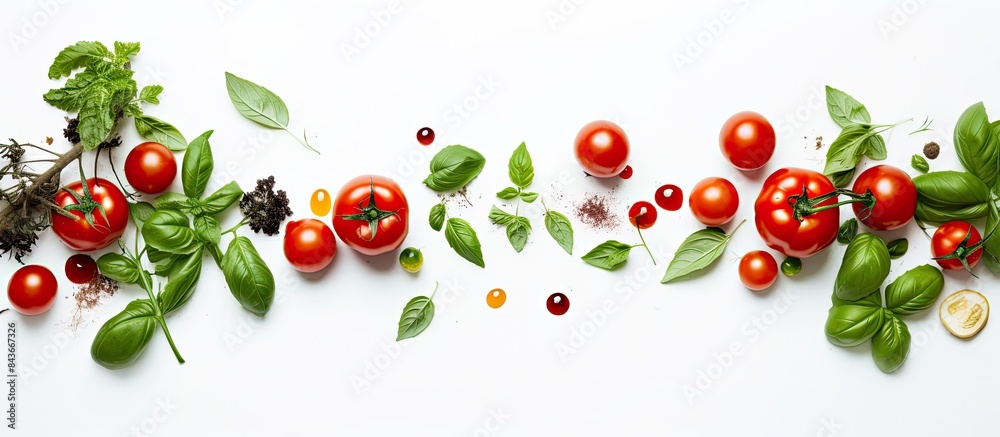 Poster cherry tomatoes and basil tomatoes on a branch red cherry tomatoes with ingredients for cooking salt