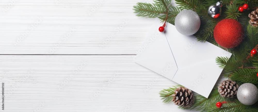 Poster a festive christmas card mockup with an elegant grey envelope vibrant green fir tree branches and co