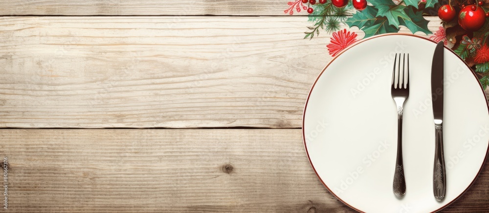 Poster empty plate with cutlery and napkin on a old wooden white background christmas table setting top vie