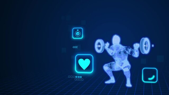 3D animation, abstract silhouette of a wireframe man who squats with a barbell against a background of virtual animated icons on a blue background. 4K video