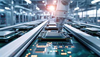 Automated manufacturing production line with robot arms producing AI artificial intelligence micro chips for circuit boards at a new technology plant