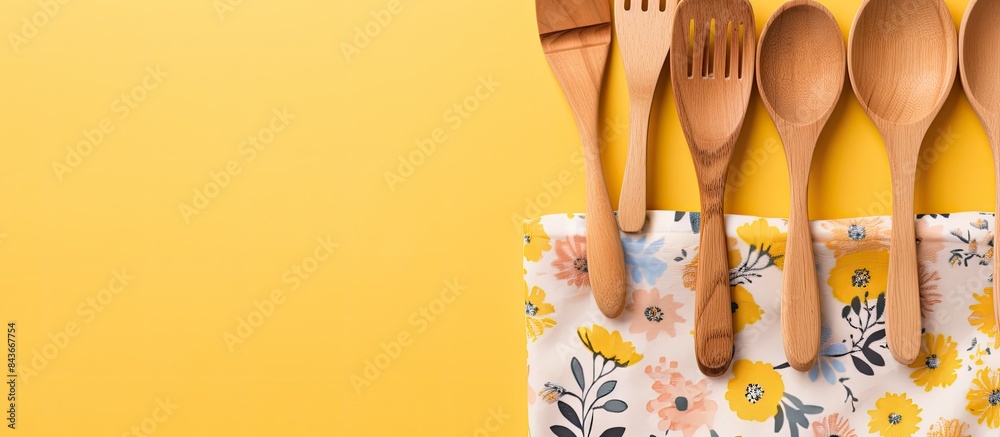 Poster Set of wooden kitchen utensils Floral pattern cloth napkin on empty yellow background Top view with space for your text. copy space available