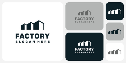 Vector logo design in the shape of a lined factory building in a modern, simple, clean and abstract style.