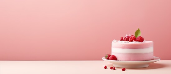 Cute bento cake with tasty cream on pink background space for text. copy space available