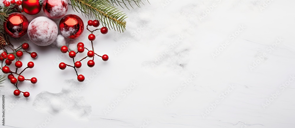 Aufkleber christmas flatlay background with fir tree brunch and red decorations on white stone background long