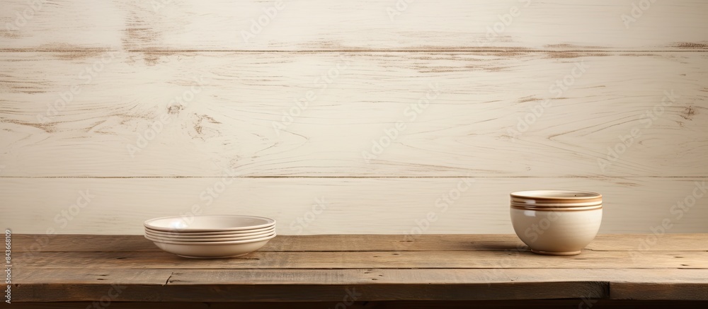 Poster empty plates with a copy space for food on a white aged wooden kicthen table background
