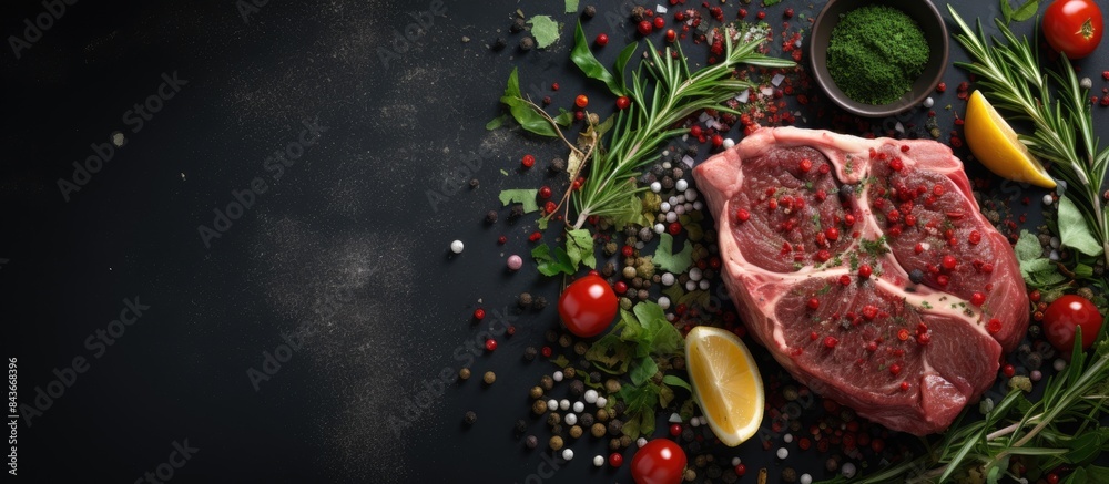 Poster Raw beef steak osso bucco with herbs and spices on dark background Beef meat Top view copy space