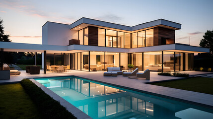Modern Luxury House with Pool and Evening Lighting
