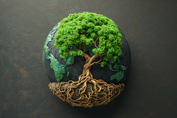 Word Tree with intertwined roots is growing on the background of the Earth Planet sculpture as a symbol of the Earth awareness and sustainable growth