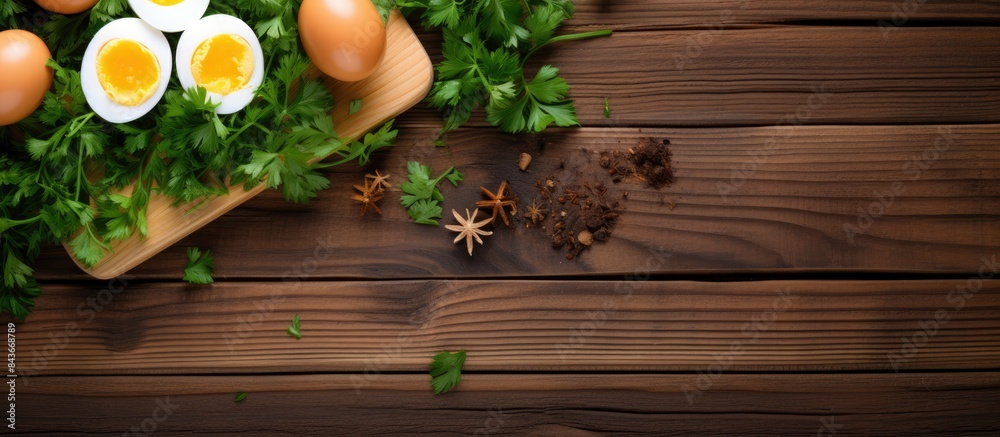 Poster boiled eggs with parsley on cutting board on a wooden table top view. copy space available