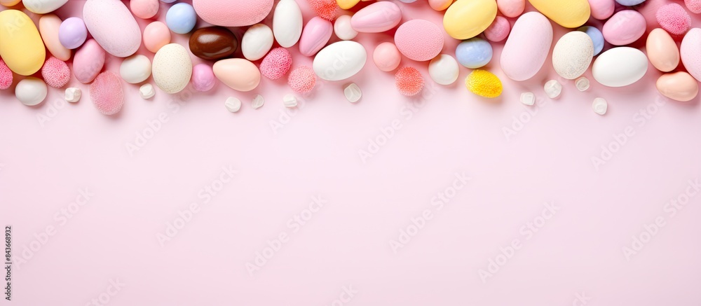 Aufkleber Top view of a light pink background with a white frame adorned with colorful Easter eggs and sweet candy Perfect for Easter greeting cards. copy space available