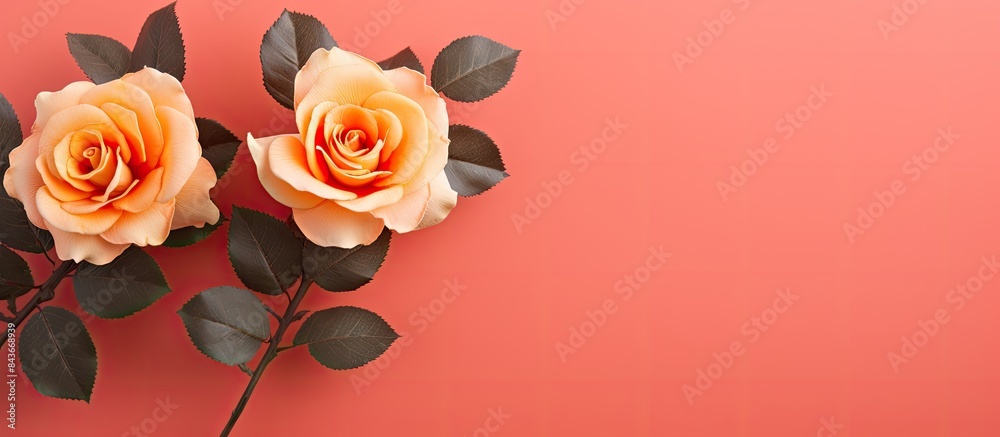 Poster three light yellow artificial rose flowers with leaves iron workpiece bezel on living coral backgrou