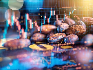 An image of cocoa beans overlaid with stock market data and financial graphs. The vibrant colors and detailed textures represent the global cocoa trade and economic analysis.