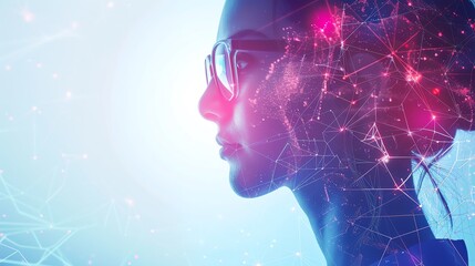 Profile of a woman with glasses integrated with a digital network, representing artificial intelligence and futuristic technology concepts.