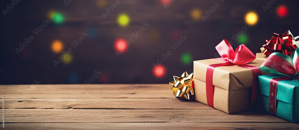 Leinwandbilder on a wooden table there is a christmas present box filled with colorful paper and toys along with a 