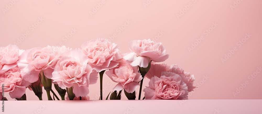 Leinwandbilder a close up of soft pink carnations arranged in a bouquet set against a pink background with plenty o