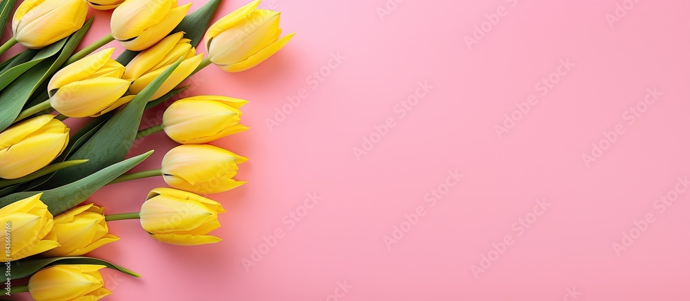 Aufkleber gently pink tulips on the yellow background spring background with a bouquet of flowers with copy sp