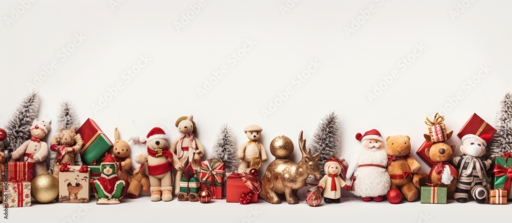 Poster christmas decorative composition of toys on a white table background top view flat lay. copy space a
