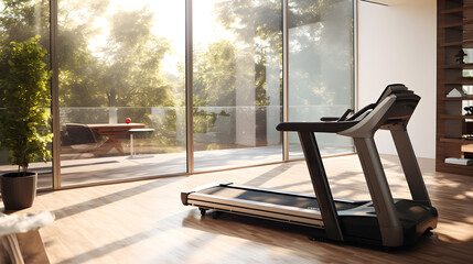 Modern Home Gym with Treadmill and Large Windows