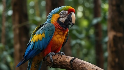 A blue and yellow macaw sits on a branch.
