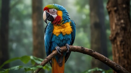 Obraz premium A blue and yellow macaw sits on a branch.
