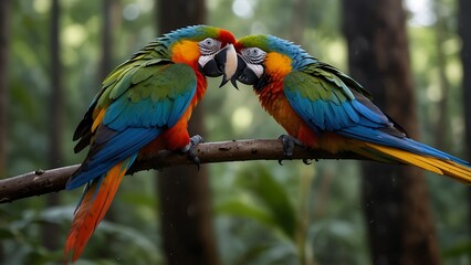 A blue and yellow macaw sits on a branch.