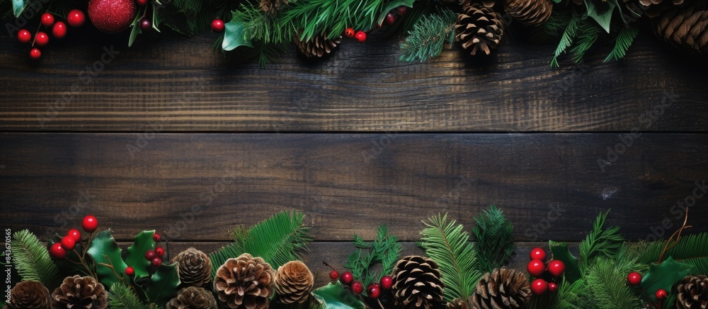 Poster top view of a festive arrangement featuring a christmas pinecone vibrant holly branches and a green 