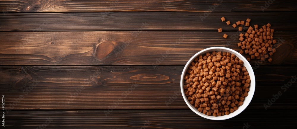 Poster Top view of dog food in bowl with empty wooden background for text input Pet food concept. copy space available