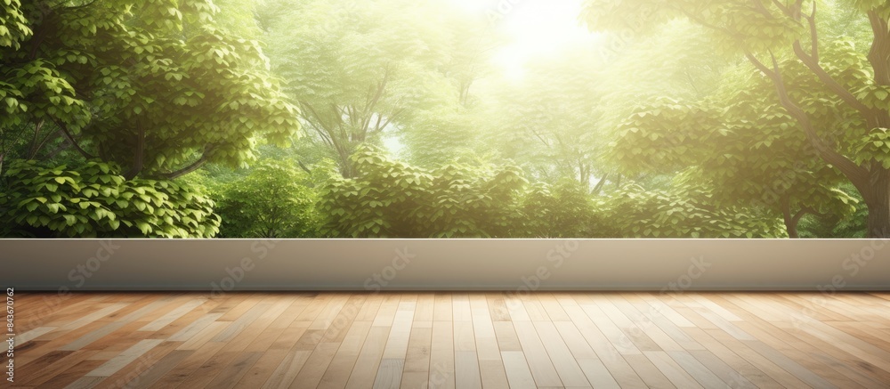 Aufkleber Empty perspective room with blurred green tree forest and wooden plank floor Template mock up for display of your product. copy space available