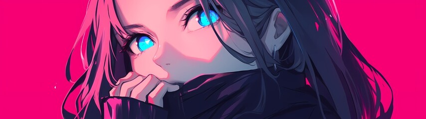 portrait of a blue eyed girl covering her mouth with a jacket collar on a pink background, a vibrant pop anime illustration, background with a ratio size of 32:9