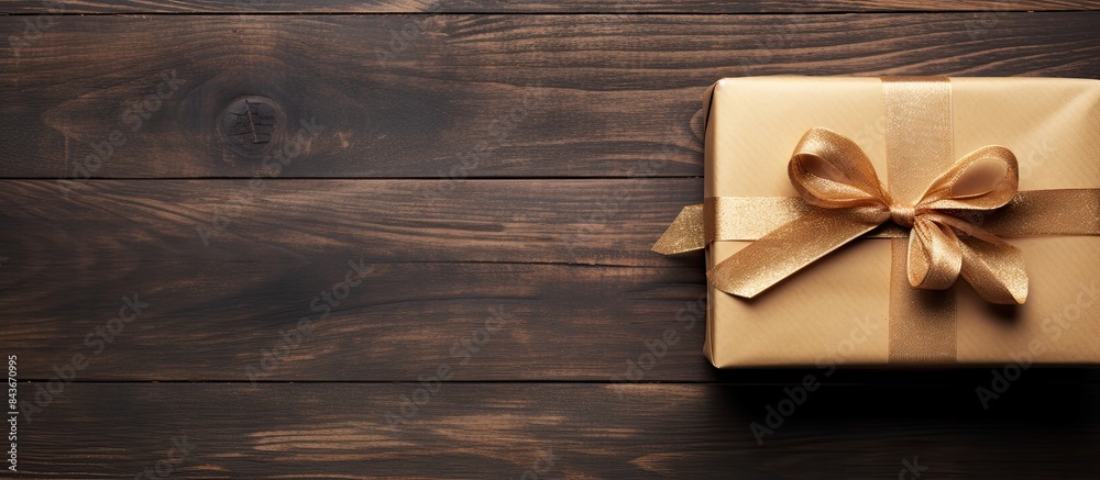 Poster holiday gift box wrapped in craft paper with colored bow on table background top view flat lay copy 