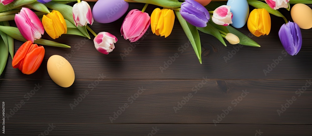 Aufkleber Easter greeting card with tulips and easter eggs Top view flat lay with space for your greetings. copy space available