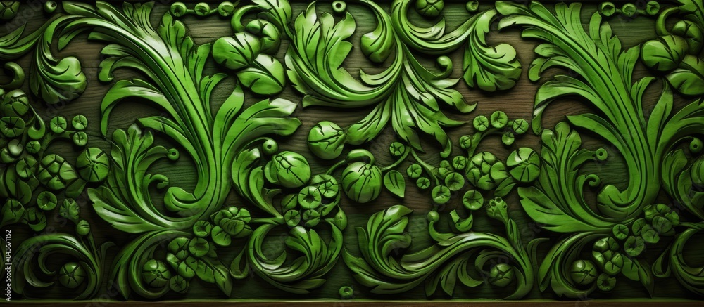 Poster green wooden background with flower patterns. copy space available