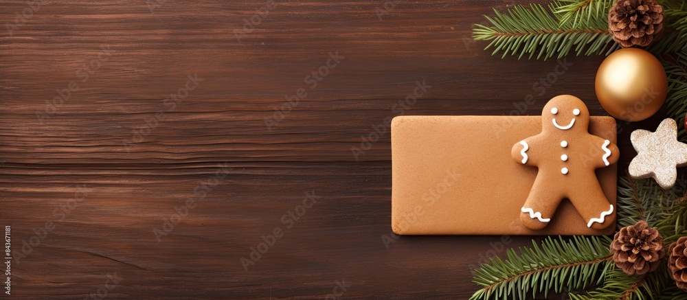 Poster christmas greeting card with homemade gingerbread ho ho text and fir tree top view flat lay with spa