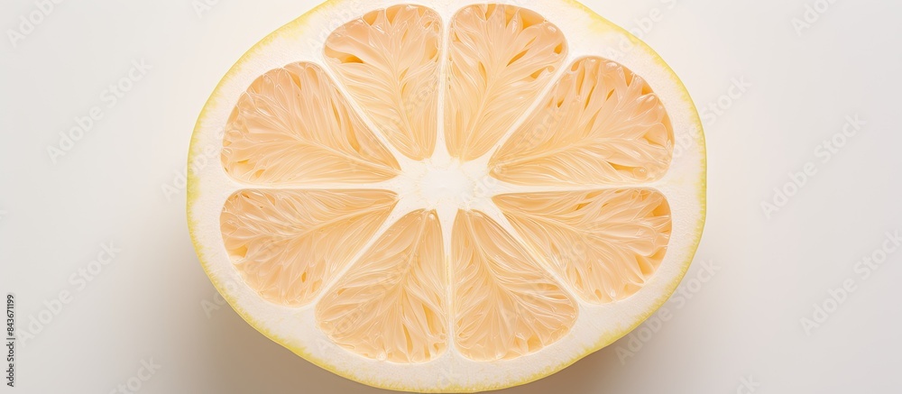 Poster ripe cut pomelo and peel on light background with space for text top view. copy space available