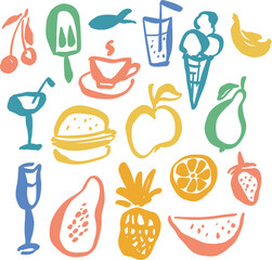 Vector bar icons set of food, drink, fruit and alcohol. Hand drawn holiday and relax collection isolated on white background. Illustration for design, print, fabric or background.