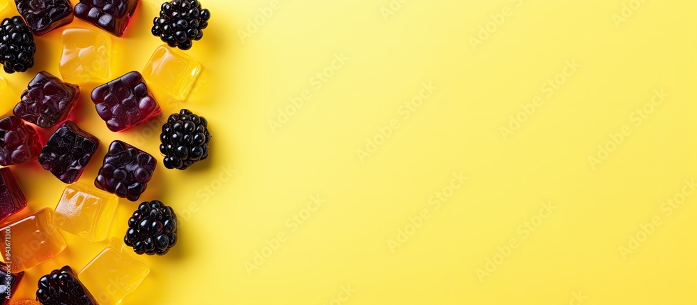 Poster candy heart blackberry raspberry jelly gummy candy sweets on yellow color background space for text 