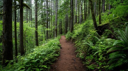 Obraz premium scenic hiking trail through a lush forest, exercise, nature, adventure, hiking