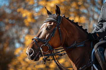 Obraz premium Close-Up of Horse in Bridle with Autumn Background