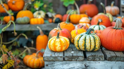 Beautiful pumpkin on wooden table in farm in Autumn