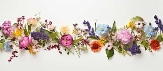 Fototapeta premium floral border made with natural fresh flowers buds leaves and stems. copy space available