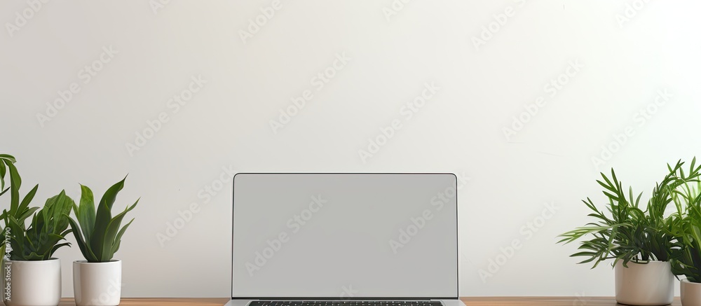 Poster side view of a new modern white laptop lying on a table surface against the wall action working from