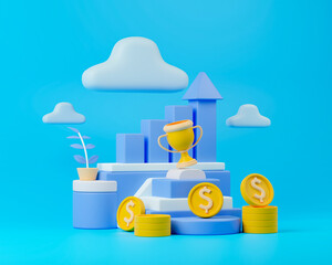3D illustration of business success with a trophy, stack of coins, bar graph, and clouds. The vibrant blue background and playful design elements symbolize growth and achievement.