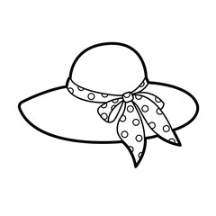 Women wide-brimmed hat with bow.  Vector outline icon isolated on white background. Design elements or page of children's coloring book	