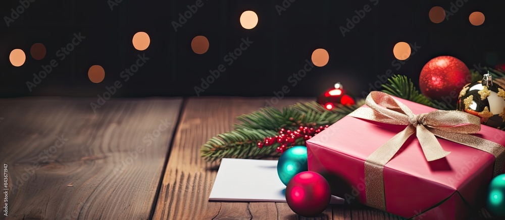 Aufkleber On a wooden table there is a Christmas present box filled with colorful paper and toys along with a notebook pen and a copy space image