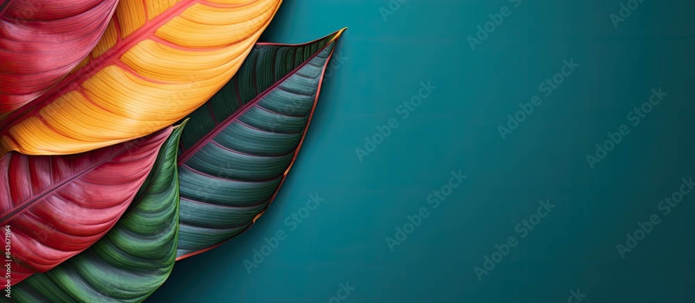 Poster Leaf of tropical codiaeum plant on color background top view with space for text. copy space available