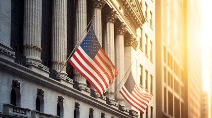 Wall Street Building with American Flags and Financial District Atmosphere