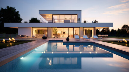 Obraz premium Modern Luxury Villa with Pool and Evening Lighting