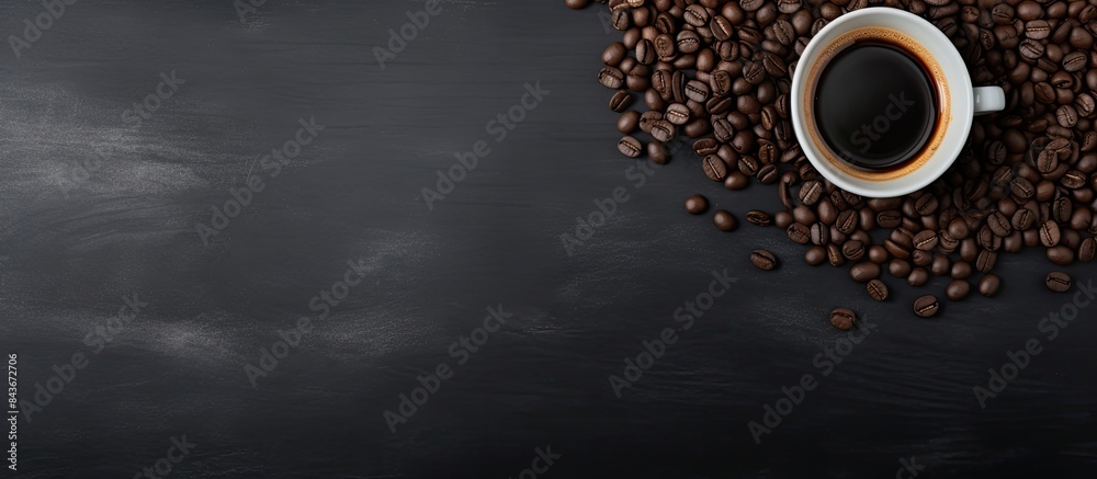 Poster coffee cup coffee beans and canvas bag on black table background top view. copy space available